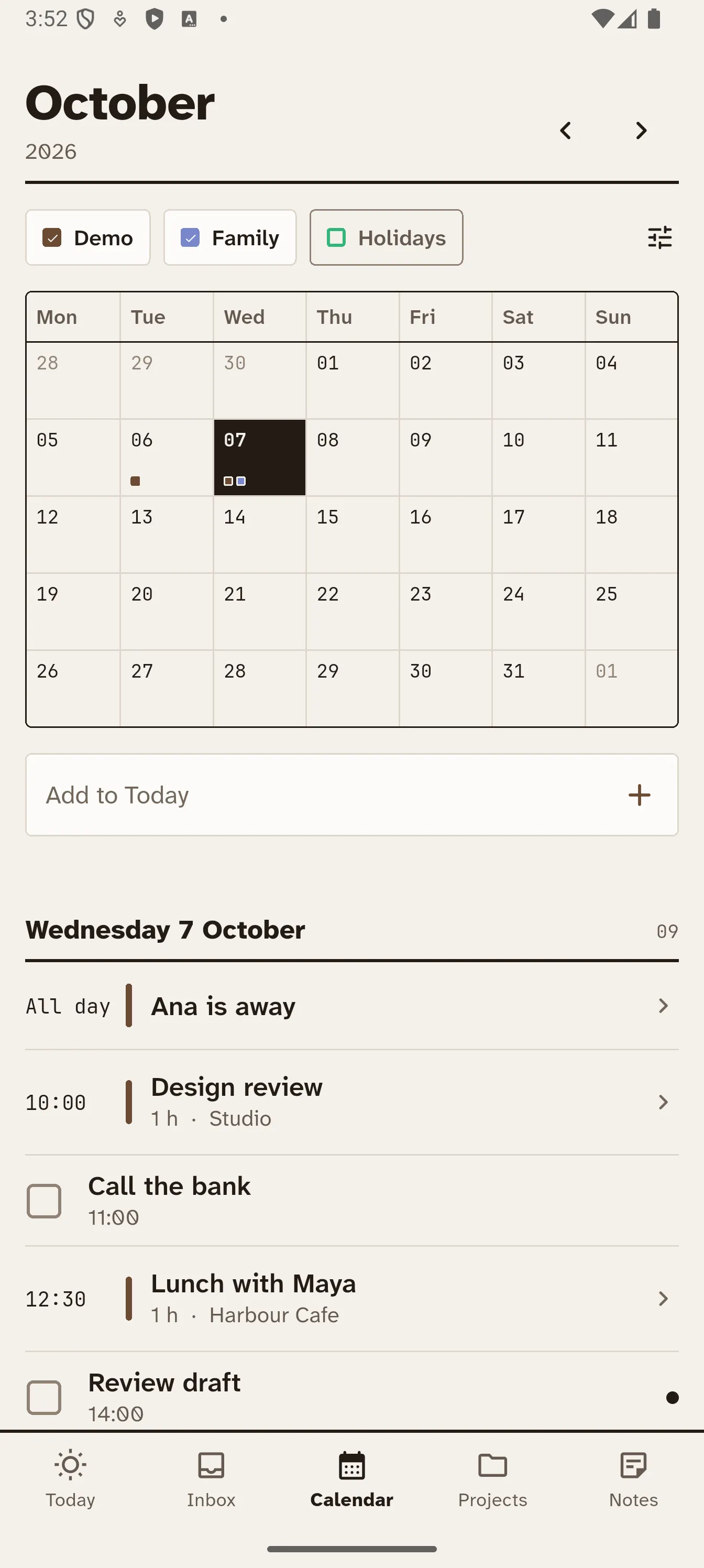 Cairn Calendar screen: month grid with calendar filters and the selected day agenda