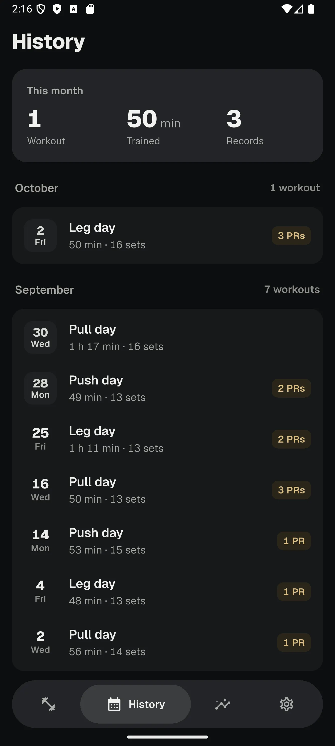 Crest History screen: monthly totals and a list of past workouts with personal records