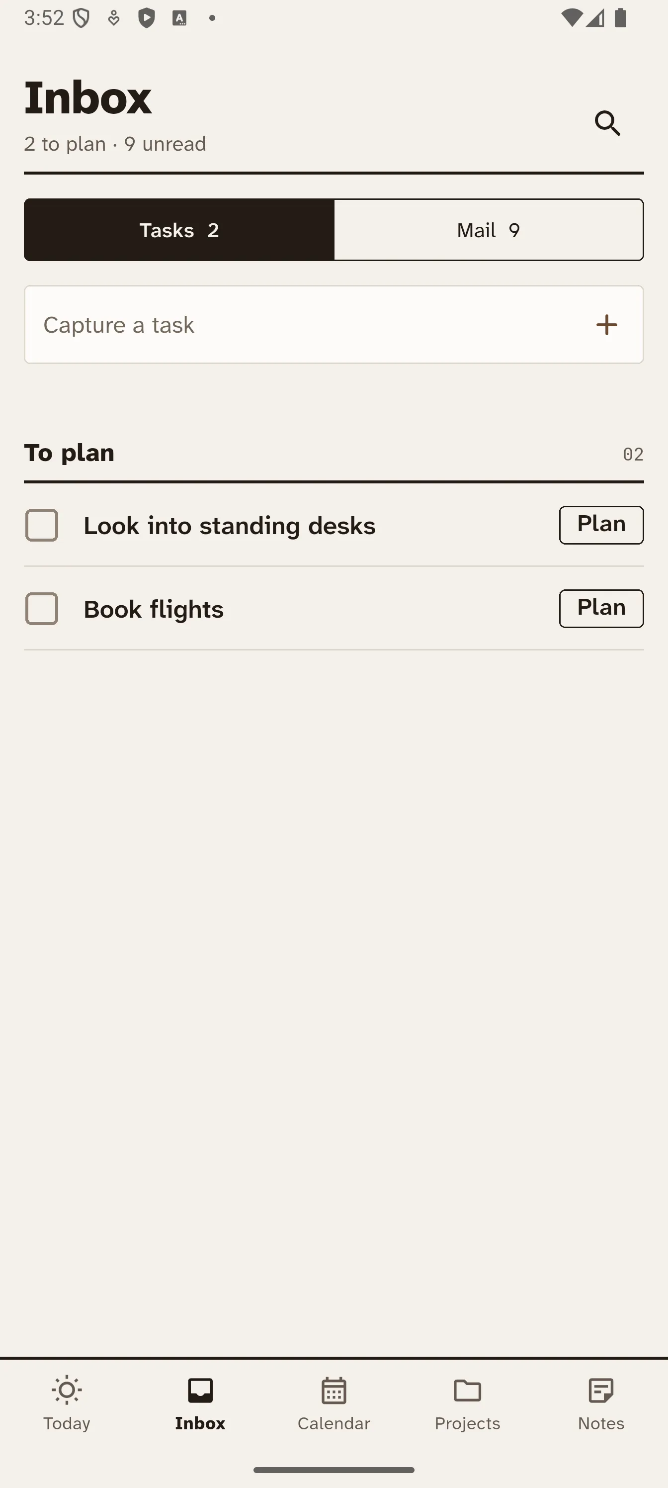 Cairn Inbox screen: task capture field and tasks waiting to be planned