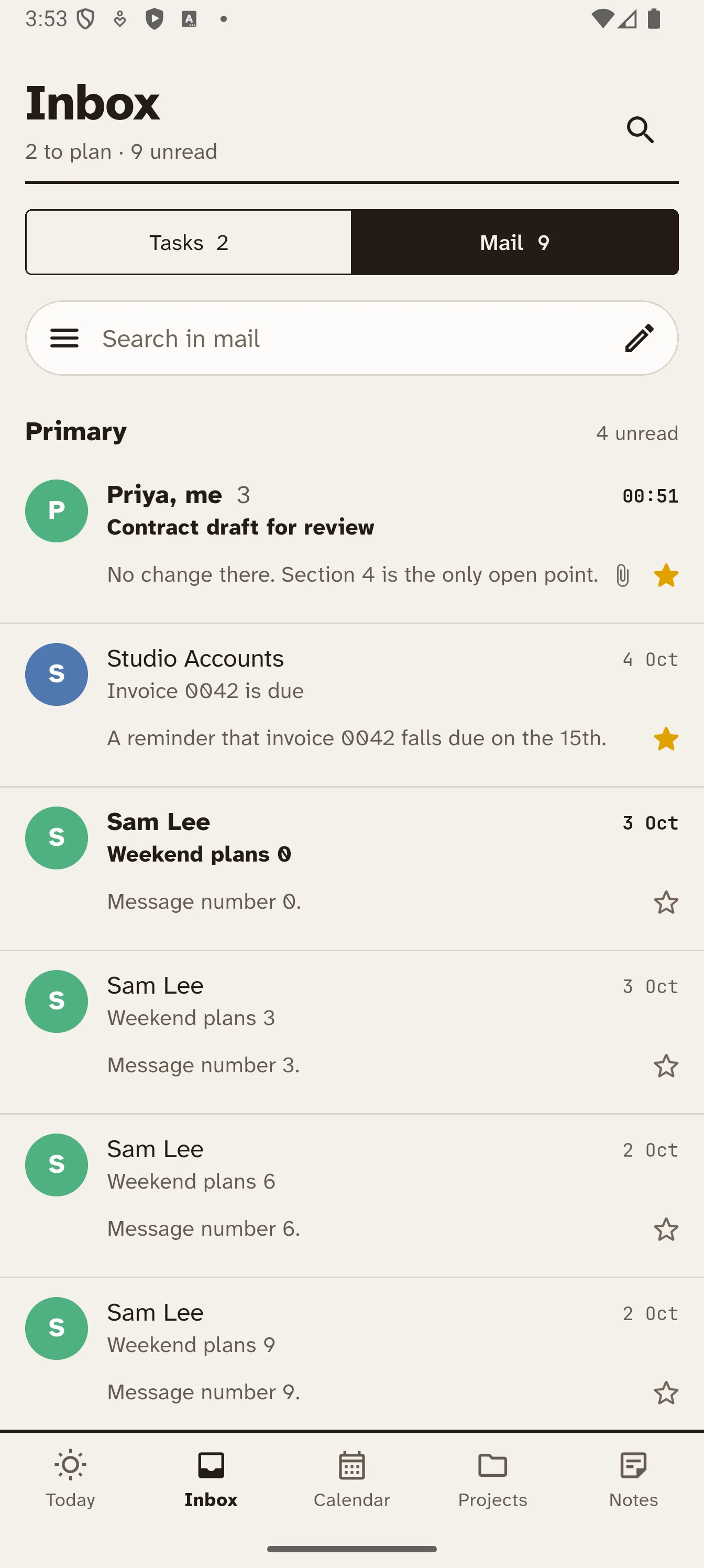 Cairn Inbox Mail tab: Gmail threads grouped under Primary, with starred messages