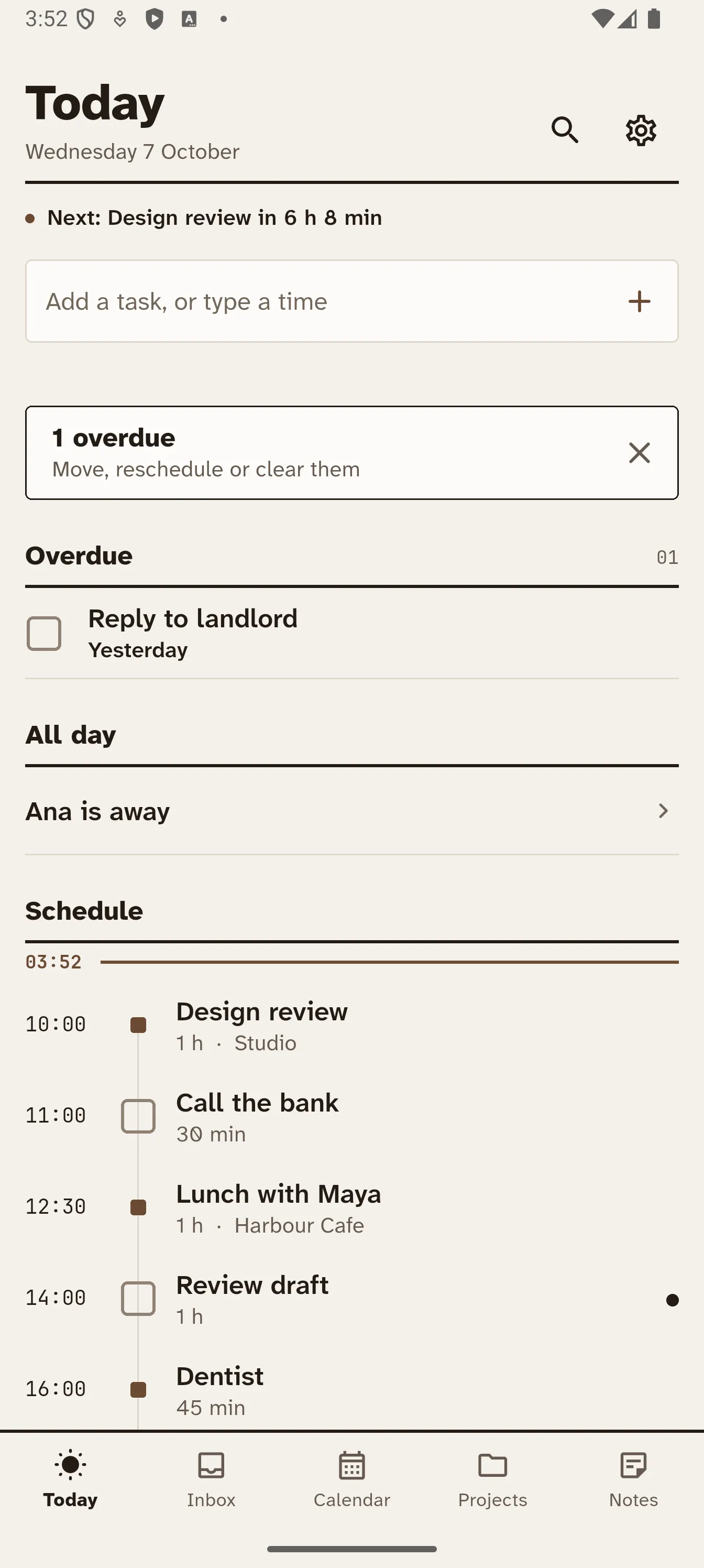 Cairn Today screen: overdue banner, all-day events and a timeline of calendar events and tasks