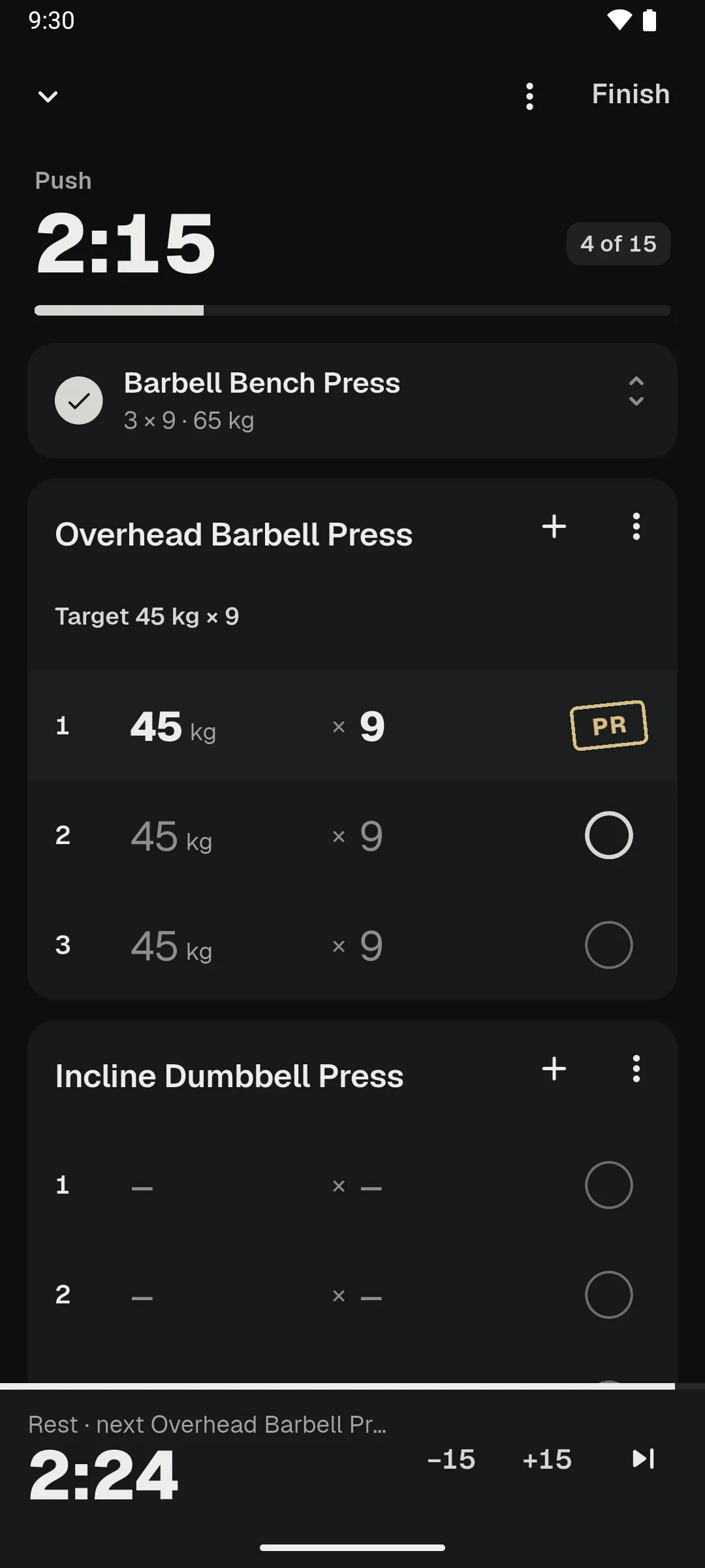 Crest active workout: the Push session timer, a finished exercise folded away, a new PR on the next lift, and the rest timer at the bottom